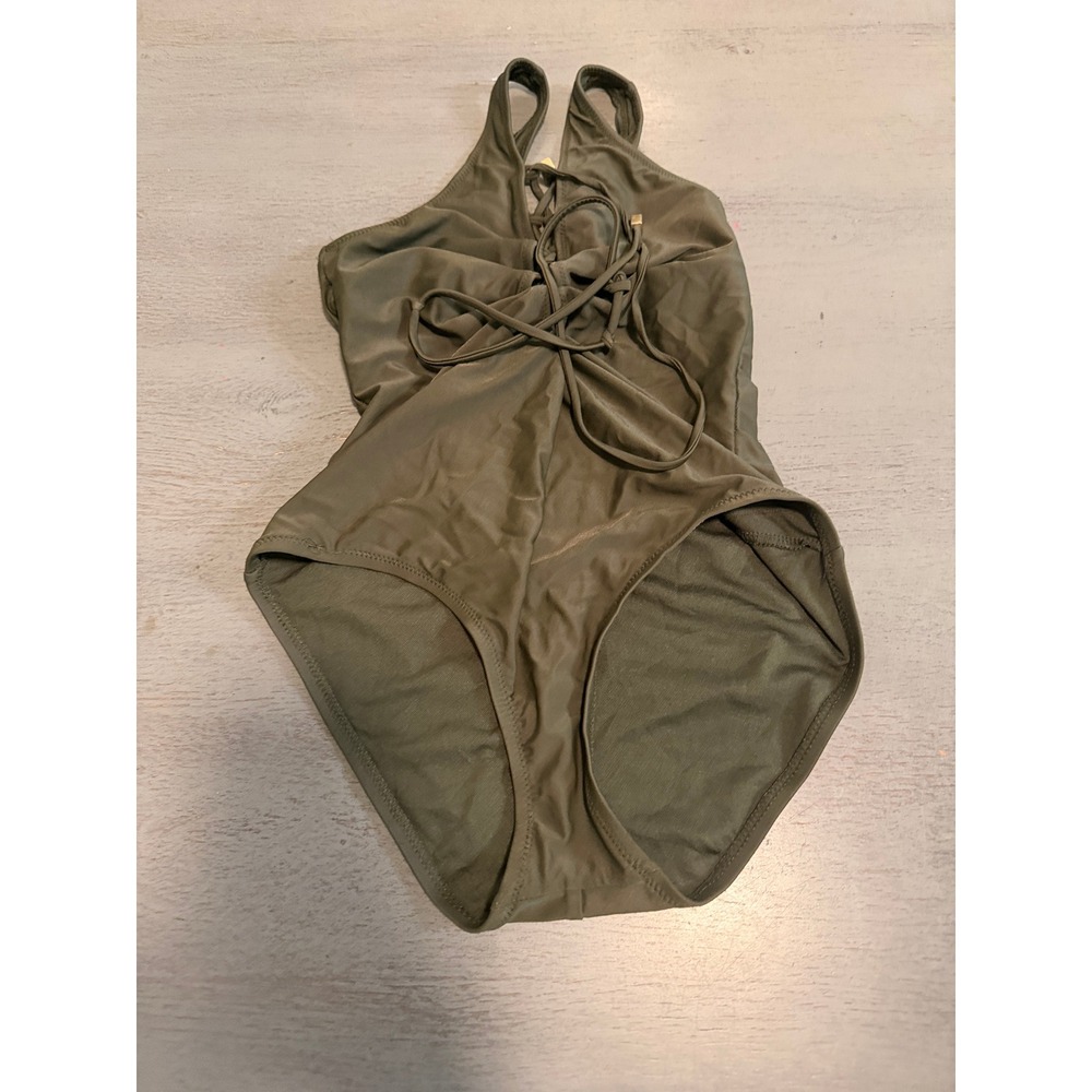 Mossimo Olive Green Lace Up Front One Piece Swimsuit Small High Neck Open Back